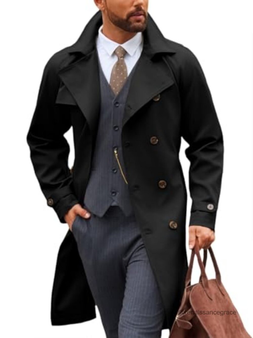 Men's Double Breasted Trench Coat Belted Windbreaker Long Overcoat